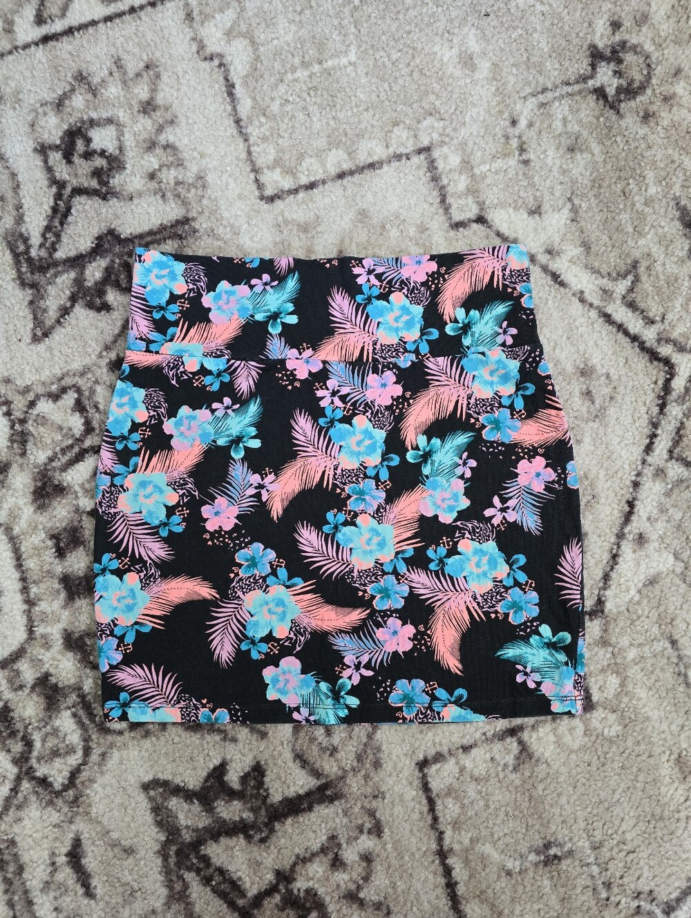 Charlotte Russe Black Mini Skirt with Pink & Teal Floral Print